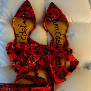 Sam Edelman Floral Pointed Toe Ankle Tie Flats, Size 9